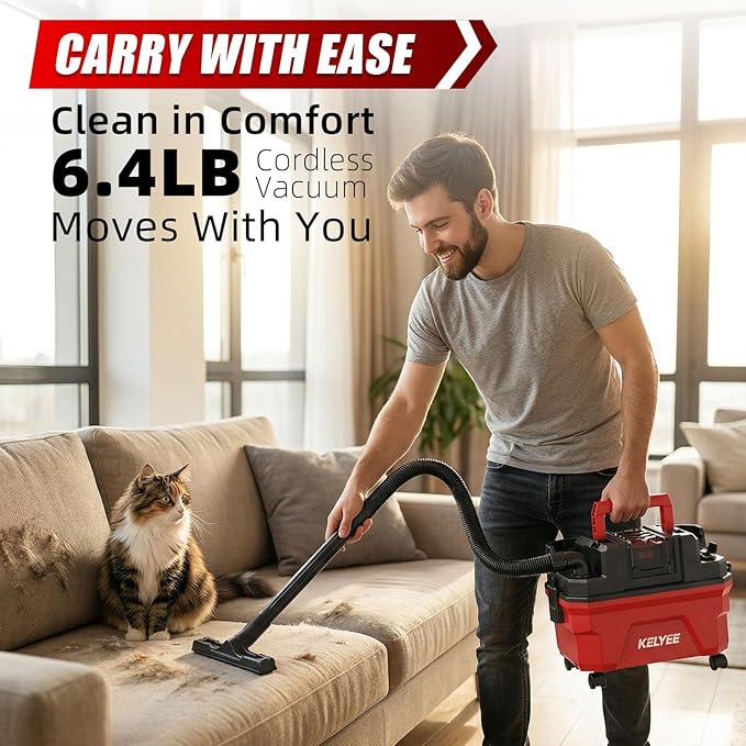 Cordless Shop Vac - 3 Gallon Small Shop Vac Wet and Dry with Accessories, 2 x 4.0Ah Batteries Wet Dry Vacuum, Ideal for Garage, Car, Workshop (Red)