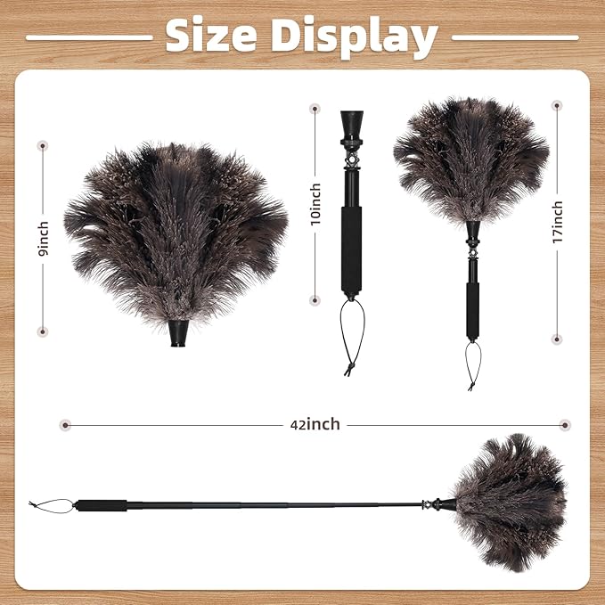 Extendable Ostrich Feather Duster with 17-42 inch Rotatable Aluminum Alloy Pole, Natural Fluffy Reusable Feather Duster for Cleaning High Ceilings, Pendant Lamps, Blinds, Furniture and Roof