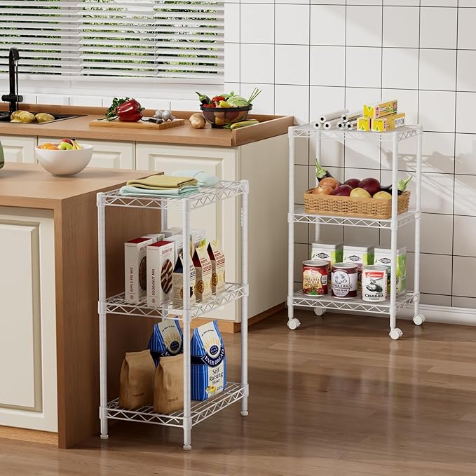Golpart Small 3 Tier Shelves Storage Wire Shelving Unit Metal Shelf Adjustable Organizers Storage Shelving with Wheels for Bathroom Laundry Room Kitchen Pantry12”D x 18”W x 30.7”H White