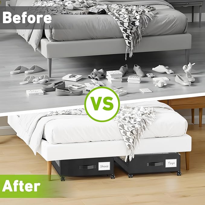 Molutsody Under Bed Storage with Wheels, 4-Pack Underbed Storage Containers with Clear Lids, Under Bed Shoe Storage Organizer, Rolling Under Bed Storage for Clothes Shoes Blankets (Black)