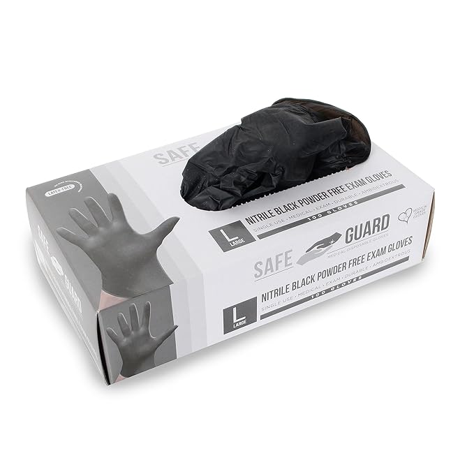 Safeguard, Nitrile Disposable Gloves, Powder Free, Latex Free, Box of 100 Gloves, Size Large, Black,100 Count(Pack of 1)