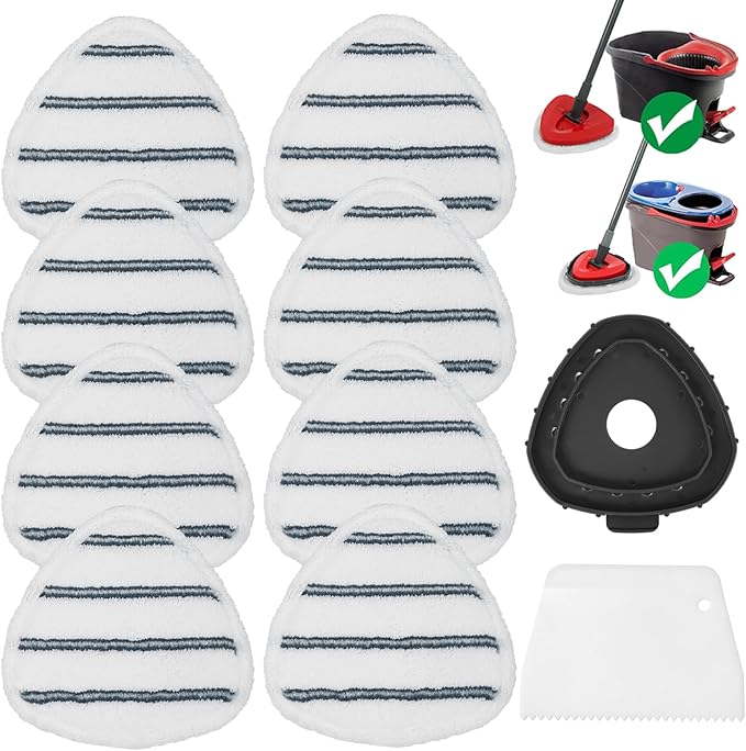 Flat Mop Head Replacements, Microfiber Mopping Pads Refills, 8-Pack Spin Mop Pads + 1 Plastic Pad &1 Scrape for Floor, Wall & Ceiling Cleaning - Fits EasyWring & RinseClean Systems