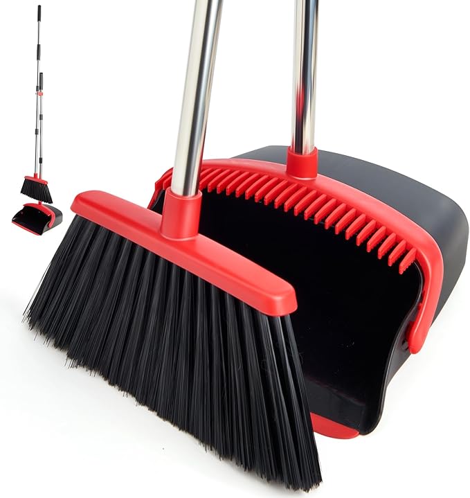Broom and Dustpan Set with Long Handle, Heavy Dust Broom and Dustpan Combo for Home，Kitchen, Office, Pet Hair (Black Red)