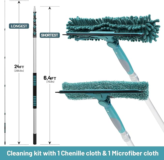 36 Feet High Reach Window Squeegee with 7-30 Ft Extension Pole, Window Cleaner Tool with 5-Stage Telescoping Pole, Window Cleaning Kit with Rotatable Head (2 Squeegee & 2 Microfibre Cloths)