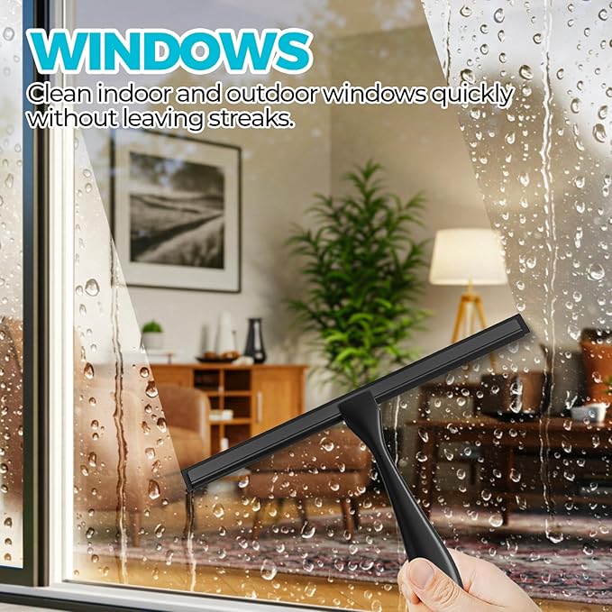 2PACK All-Purpose Shower Squeegee for Shower Doors, Tile Shower Walls, Bathroom, Window, Glass and Car Windshield, Mirrors and Kitchen-Stainless Steel, 9.5 Inches, Black