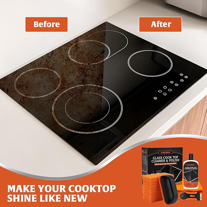 20pcs Glass Stove Top Cleaner Kit - 12 oz Cooktop Cleaner Polish, Non-Abrasive No Scratch, Removes Tough Stains, Includes Scrubbing Pad, Scraper & Microfiber Cloth for Smooth Glass Surfaces