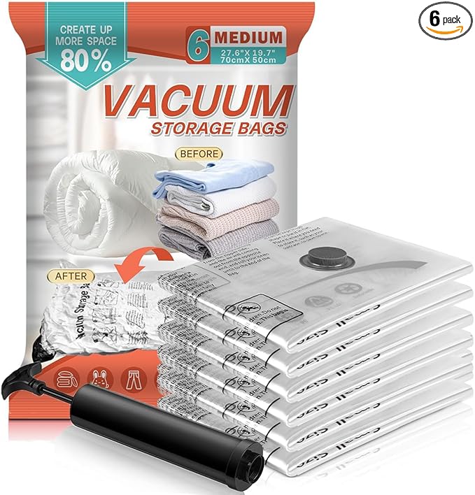 Vacuum Storage Bags, Space Saver Bags, Compression for Comforters and Blankets, Sealer Clothes Storage with Hand Pump. (6× Medium)