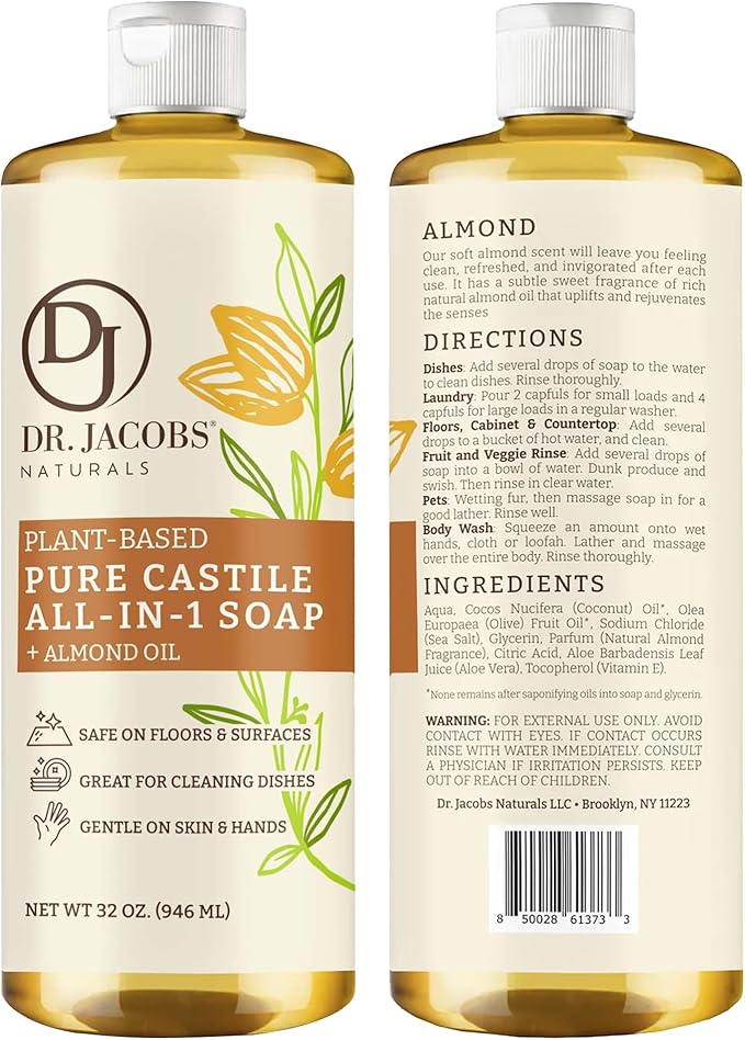 Dr. Jacobs Naturals Almond Castile All-in-One Cleaner and Soap - Plant-Based Formula for House Cleaning Floors and Appliances - Gentle on Skin and the Planet - 32 oz, 2 Pack