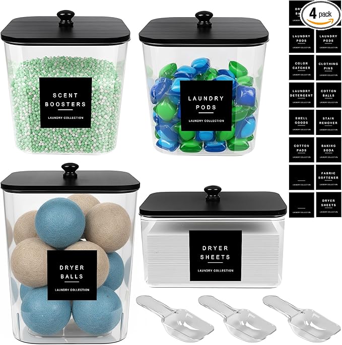 POLRAI 4 Pack Laundry Pod Containers and Dryer Sheet Holder Clear Jars with Bamboo Lids and Labels Laundry Room Organization Containers for Scent Booster Powder Detergent Pods Storage