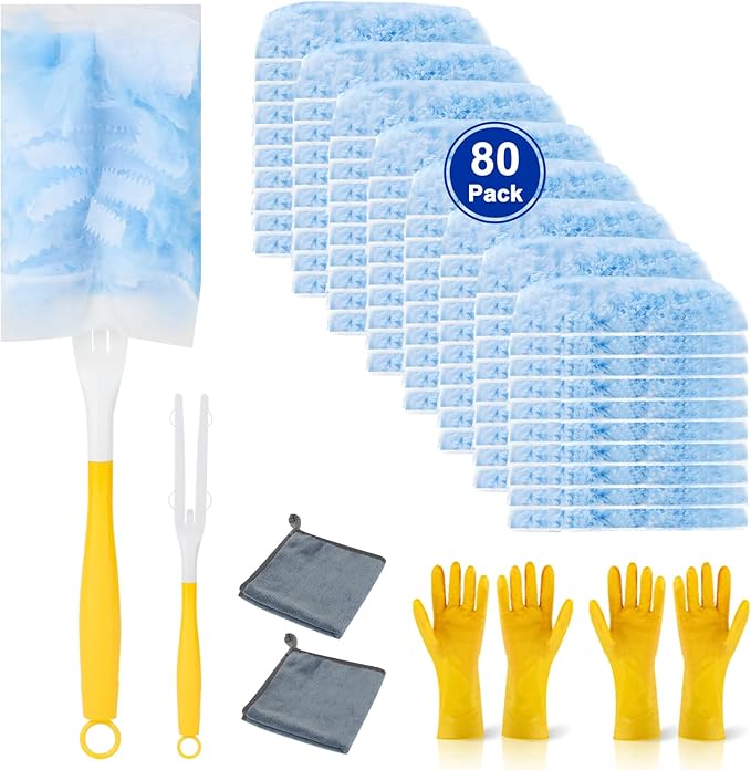 Duster Refill for Cleaning with 2 Handles, Heavy Duty Disposable Duster Kit Unscented Replacement Head Dust Removal Brush for Electronics, Furniture, Blinds, Ceiling Fans, Walls (80pack)