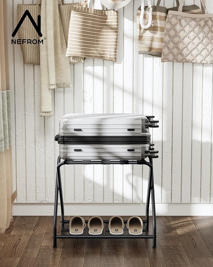 1-Piece Foldable Black Luggage Rack Stand with Storage Shelf – Heavy Duty Metal Suitcase Holder, 150 lbs Top, 50 lbs Bottom, Fits 20”-28” Luggage – Guest Room, Bedroom, Hotel LR-BK-1