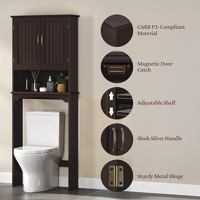 Yaheetech Over The Toilet Storage with 2 Doors & Adjustable Shelf, Free Standing Toilet Rack Wooden Space-saving Collect Cabinet, Bathroom Furniture, 9Dx24.5Wx66H Inches, Espresso