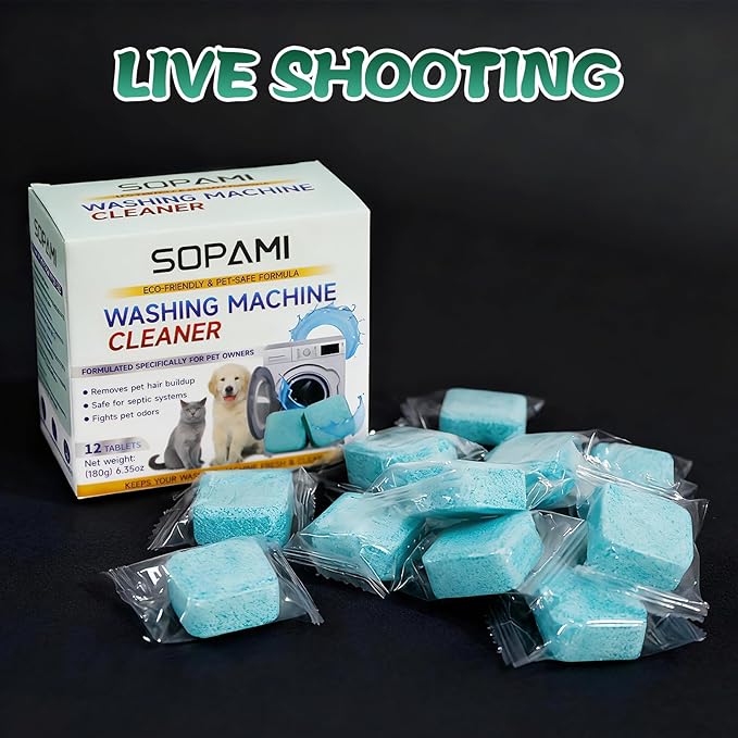 SOPAMI Washing Machine Cleaner Tablets 12 Pack, Deep Clean HE Front Load Top Load Washer, Remove Stubborn Pet Hair Odors, Septic Safe Pet Owner Solution washing machine tablets