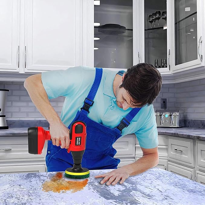 4 Inch Drill Powered Brush Tile Scrubber Scouring Pads,6 Scrubbing Pads with 4 Inch Pad Holder,1Quick Change Hex Shaft for Kitchen Bathroom Grout Tub Grill Cleans Large Flat Areas