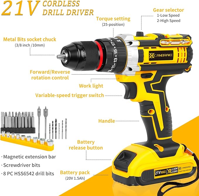 21V Tool Kit with Drill, 120PCS 21V Cordless Drill Set with 3/8" Keyless Chuck of Metal & 25+3 Clutch with Impact, 2 x 2.0Ah Battery & Fast Charger, Max Torque 45Nm, 2-Variable Speed