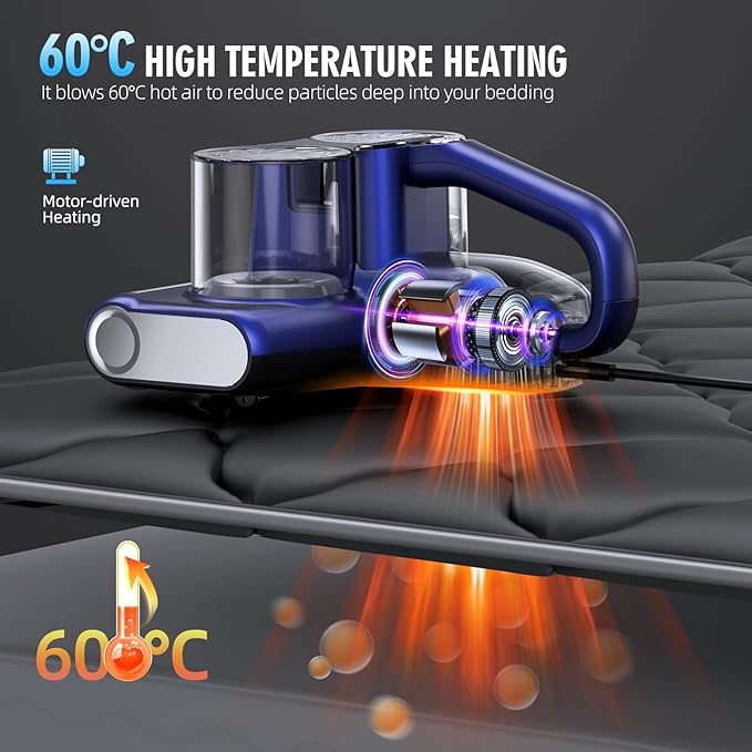 Mattress Vacuum Bed Vacuum Cleaner 16Kpa Suction 253.7nm UV-C Light, 140°F Heated Air, 30000 RPM Brushroll, Ultrasonic, HEPA Filter, Handheld Vacuums for Carpet/Sofa, 500W Corded, (Light Blue)