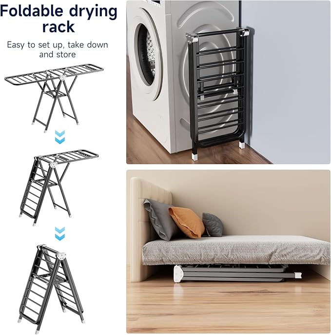 MIKEE Clothes Drying Rack,Foldable Laundry Drying Rack for Indoor & Outdoor Use，with Height-Adjustable Wings，2-Tier Clothes Rack with Windproof Hanging Holes and Wheels，132 lbs