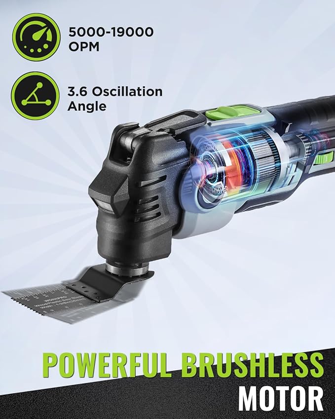 WORKPRO 20V Oscillating Tool Kit, Cordless and Brushless 19,000 RPM Orbiting Multi Tool with 6 Variable Speeds, 3.6°Oscillation Angle, 21pcs Saw Accessories, 1 Rechargeable Battery and Carrying Bag