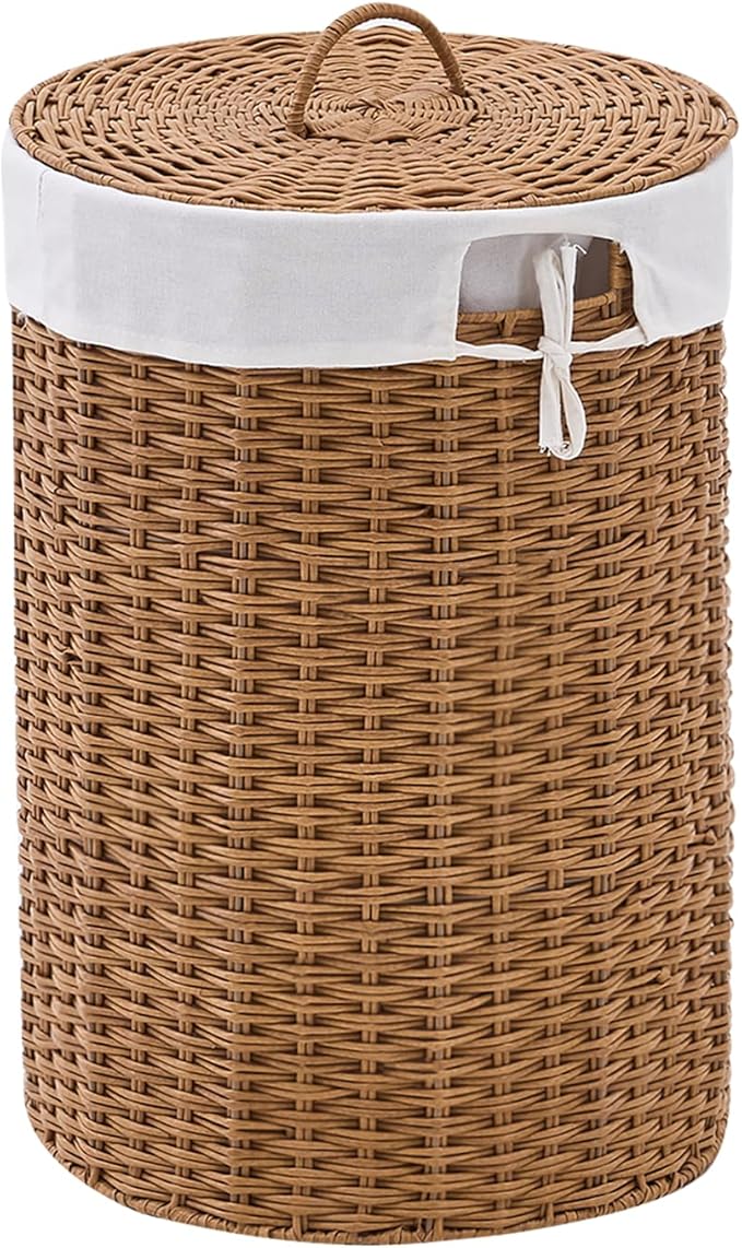 Round Wicker Laundry Hamper with Lid Handwoven Rattan Basket with Handles for Dirty Clothes, 2 Washable Liner Bags, No Assembly Required, Washable Basket, 60L