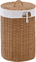 Round Wicker Laundry Hamper with Lid Handwoven Rattan Basket with Handles for Dirty Clothes, 2 Washable Liner Bags, No Assembly Required, Washable Basket, 60L