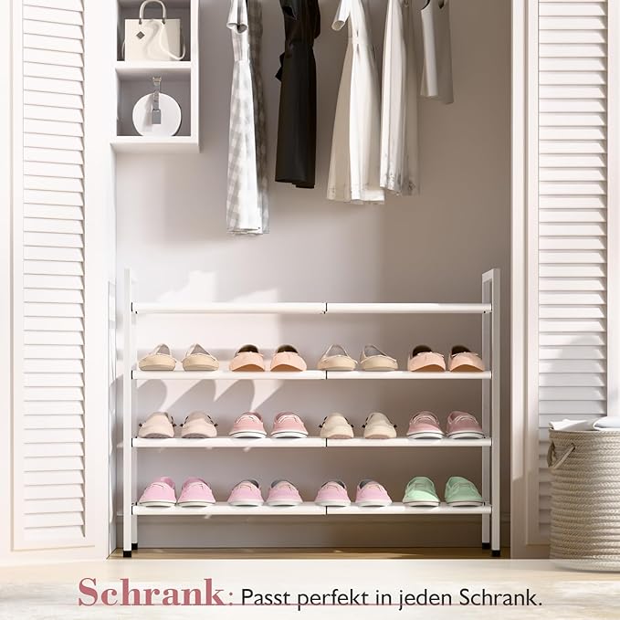 Bumusty 4-Tier Expandable Shoe Rack for Closet, 18“-33” Adjustable Shoe Rack for Small Space, Small Shoe Organizer for Front Door, Sturdy Metal, White