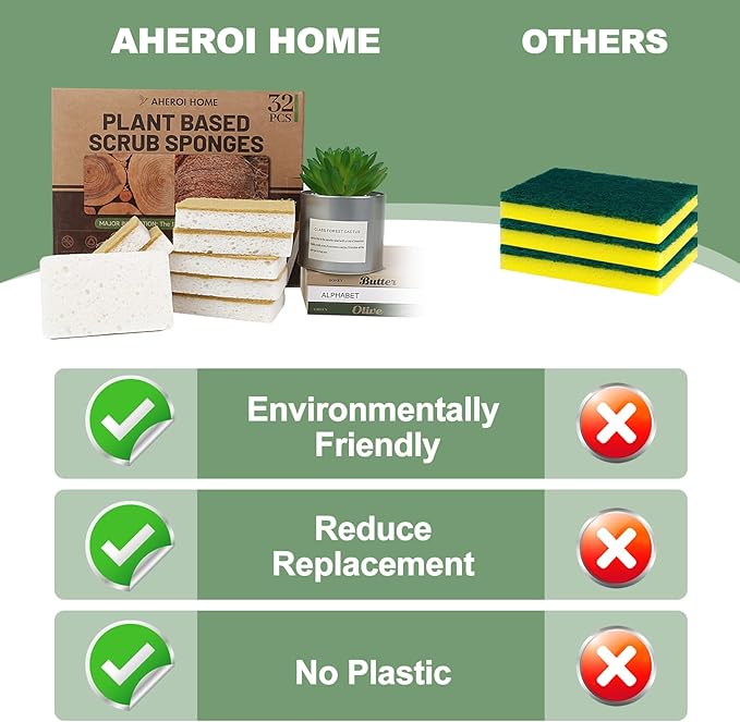 Aheroi Natural Dish Sponge, 32 Count FSC Certified Plant-Based Biodegradable Compostable Kitchen Sponges for Dishes Bulk, Organic Eco Friendly Cleaning Sponge for Bathroom, Household, Non Scratch