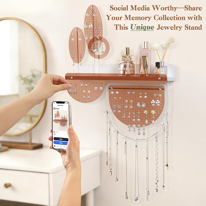 Keebofly Leaf-Shaped Wall Mounted Jewelry Organizer - Acrylic Earring Organizer with Shelf for 444 Earrings, Sturdy Jewelry Tower for Earring, Necklace, Bracelet, Gifts for Women & Girls