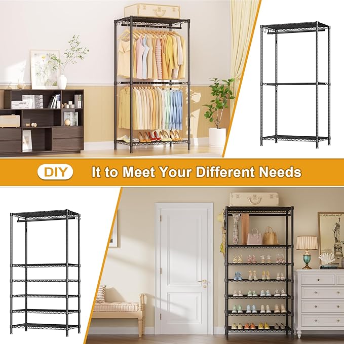 Ulif E13 Pro Heavy Duty Clothes Rack（With 4 Hanger Rods & 8 Shelves） Freestanding Clothing Racks for Hanging Clothes，Adjustable Closet，Metal Garment Rack 75" W x16 D x77 H，Max Load 1000LBS，Black
