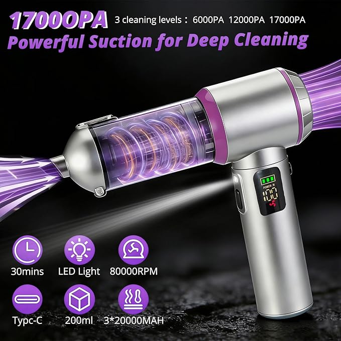 Cordless Handheld Vacuum with 17000Pa Powerful Suction, LED Light & 4-in-1 Nozzles, Portable Car Vacuum Cleaner for Pet Hair, Home, Office Desk, 3 Speeds & Type-C Charging