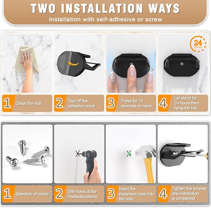 36 Pack Adhesive Hat Hooks for Wall, Super Strong Hat Rack for Baseball Caps, Hat Organizer Display for Home Decor, Hat Hangers Holder for Wall, Door, Closet, No Drilling - USA Patented (Black)