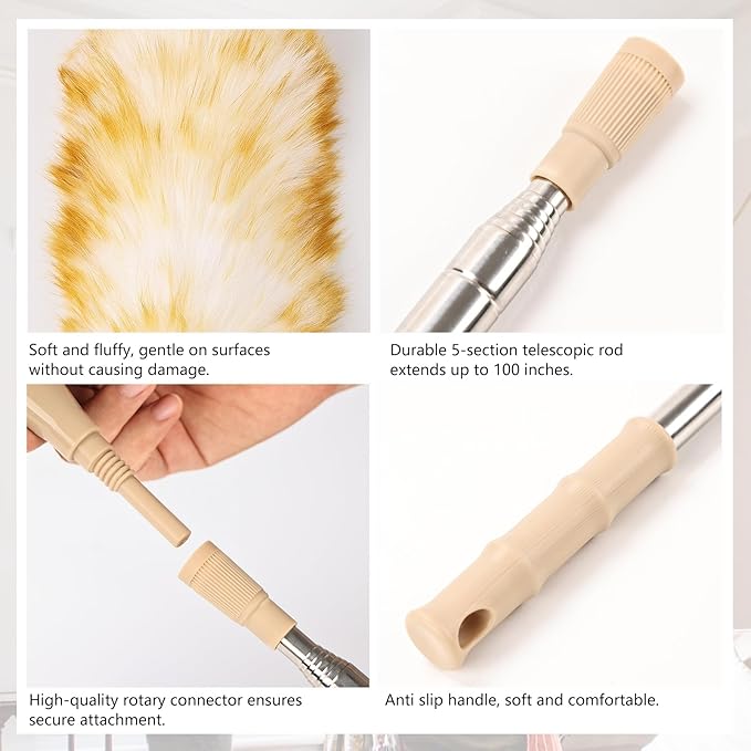 Lambswool Extendable Duster, 32-98 Inch Anti-Static Flexible Head Stainless Steel Pole for High Ceilings, Fans, Interior & Roof Dusting(one Pack)