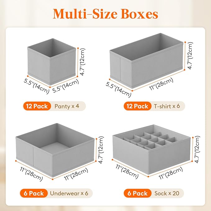 Lifewit Underwear Drawer Organizer for Closet 36 Pack, 3 Sizes Dresser Organizer Dividers, Deep Fabric Foldable Drawer Storage Organizer Bins for Clothes/Sock/Bra, Light Grey