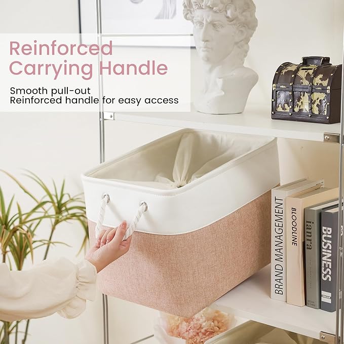Large Storage Baskets- 16x12x12 inch Storage Bins for Shelves and Closet Organizing, Foldable Fabric Bin for Home Organization Clothes and Laundry (1-Pack, White&Pink)