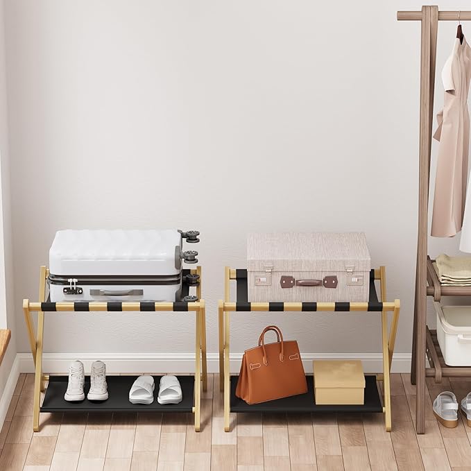 Smuxee Natural Bamboo Luggage Rack Pack of 2, Foldable Suitcase Stand with Storage Shelf, Easily Assembled Luggage Stand with 5 Nylon Straps for Guest Room Bedroom Hotel