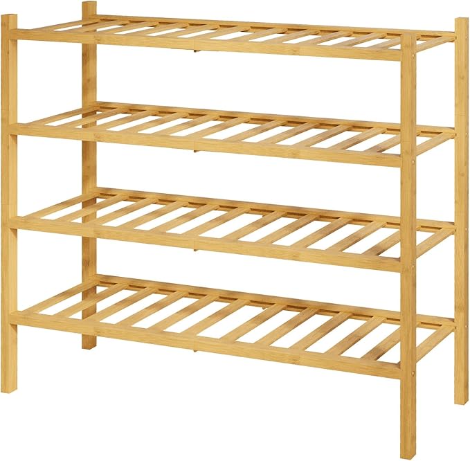 Kitsure Bamboo Wooden Shoe Rack for Closet - Stackable Shoe Organizer with Modular Structure, Space-Saving Shoe Shelf for Entryway, Living Room, Bedroom, 26.8" Wide - 4 Tiers, Natural
