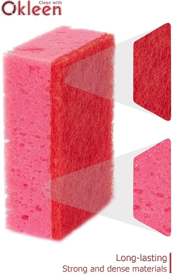 Pink Multi Use Scrub Sponges. Made in Europe. 9 Pack, 4.3x2.8x1.4 inches. Odorless Heavy Duty & Non Scratch Fiber. Durable and Delicate Scrubber for Kitchen & Bathroom, Housekeeping & Outdoors