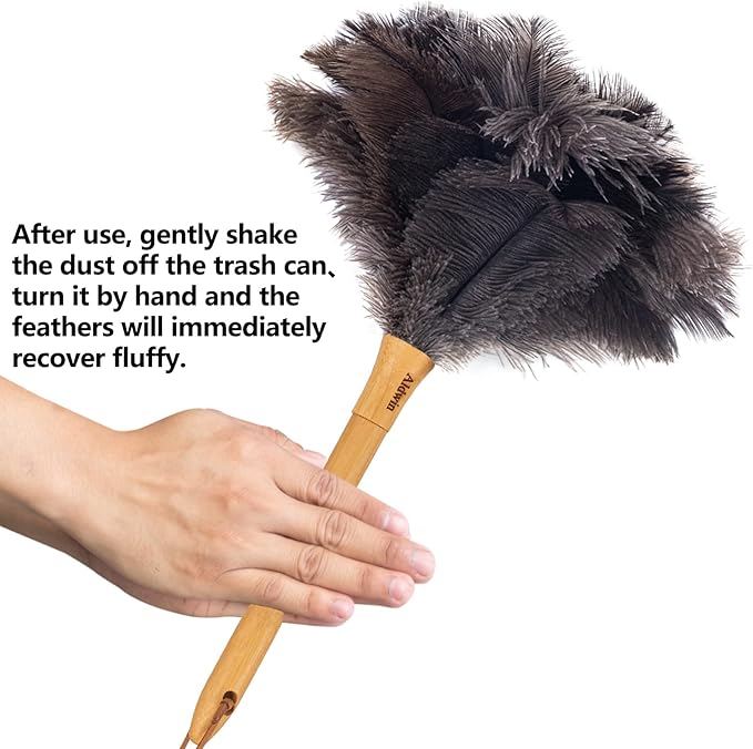 Genuine Ostrich Feather Duster, 16 inch Gray Ostrich Feather Duster with Wood Handle, Reusable Car Dusters, Eco-Friendly Handheld Cleaning Dusters for Home, Office and Kitchen
