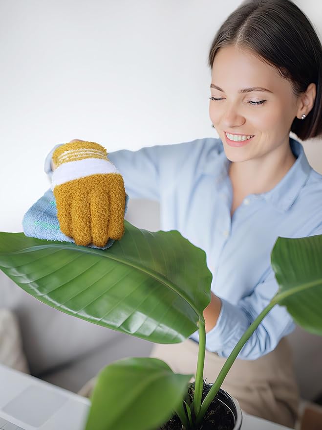 Patelai 3 Pairs Microfiber Plant Dusting Gloves Leaf Cleaning Gloves for Indoor Plants, Blinds, Furniture, House (Red,Green,Yellow,Medium)