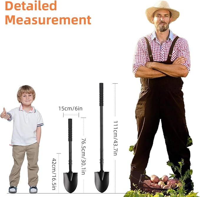 Small Shovel for Digging with Metal Handle, 43.7 Inch Heavy Duty Garden Shovel, Trench Shovels Ideal for Digging Gardening Trenching Planting Camping Transferring Scooping, Black