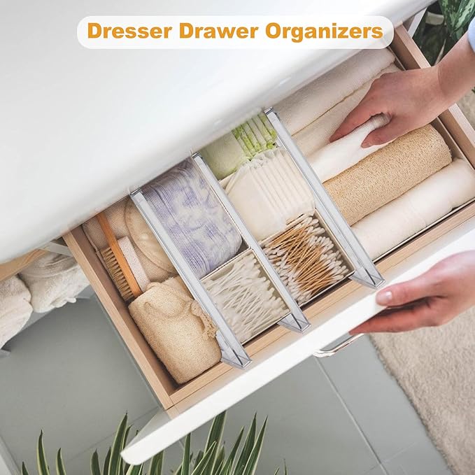 6 Pack Drawer Dividers for Clothes, 4" High 10.6"-16.9" Adjustable Drawer Dividers Expandable Dresser Drawer Organizer, Clear Drawer Separators for Clothes, Underwear, Cosmetic, Kitchen Utensils