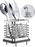 Utensil Holder for Kitchen Counter, Small Stainless Steel Cutlery Holder Organizer with Drying Diatomaceous Earth Base, 2 Slots Utensil Drying Rack Spoon Fork Organizer Crock Storage, Sliver