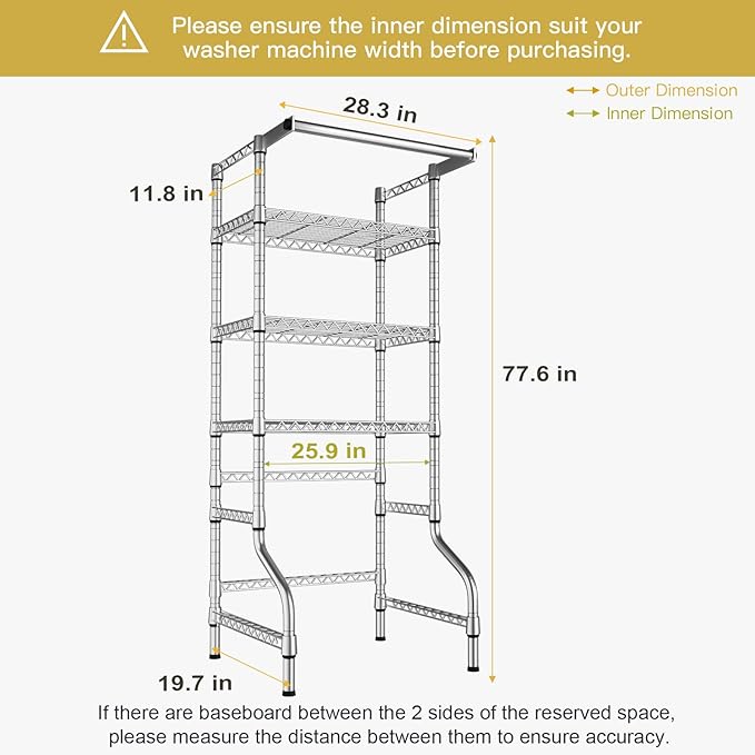 Ulif U11 Mini Over Washer and Dryer Shelves, 3 Tiers Laundry Room Storage and Organizer Standing Shelf, Metal Freestanding Clothes Drying Rack, 28.3" W x 19.7" D x 77.6" H, Chrome