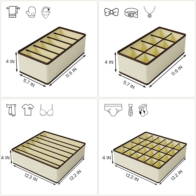 Drawer Organizer for Clothes Set, 4 Pack Foldable Dresser Closet Dividers (6/8/7/24-Cell), Non-Woven Underwear & Sock Drawer Organizer, Bra/Tie/Belt Storage Bins (Beige)