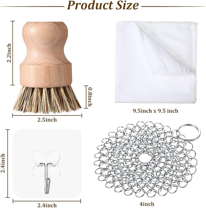 Patelai 7 Pieces Cast Iron Cleaner Set Include Stainless Steel Chainmail Scrubber with Bamboo Dish Scrub Brush Hot Handle Holder 2 Pan Grill Scrapers Kitchen Towel Wall Hook (Classic Color)