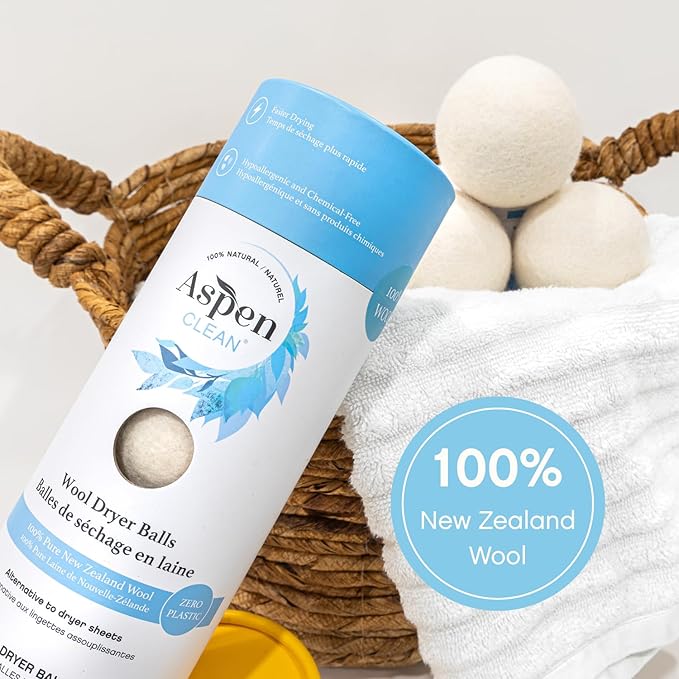 AspenClean | Wool Dryer Balls | 100% Pure New Zealand Wool | Reusable Natural Fabric Softener Alternative | Reduces Drying Time & Static | Pack of 3