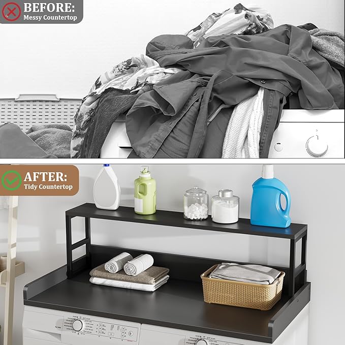 Washer Dryer Countertop with Shelf, 27.5″D x 54″W x 16.7″H, Countertop for Washer and Dryer Top with Non-Slip Pads and Edge Rails, Laundry Room Storage and Organization(Black)
