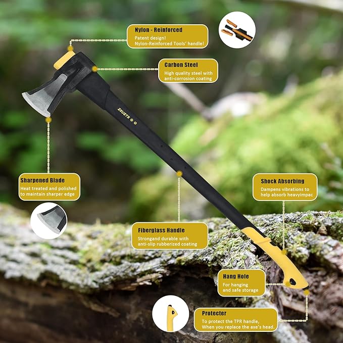36" Chopping Axe Hatchet with Nylon Shock-Absorbing Handle, Camping Axe for Logs, Wood Axe