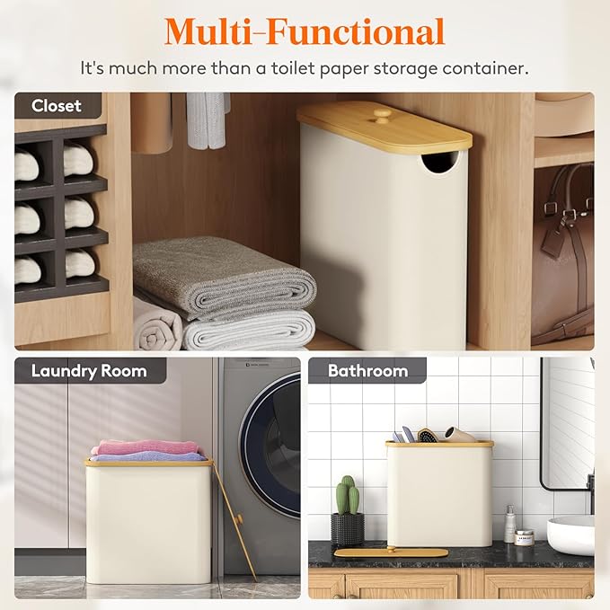 Lifewit Toilet Paper Storage Holder for 9 to 12 Rolls, Free Standing Toilet Paper Basket Stand with Bamboo Lid, Collapsible Fabric Bathroom Organizer Box for Mega Rolls, 23L, Large, White