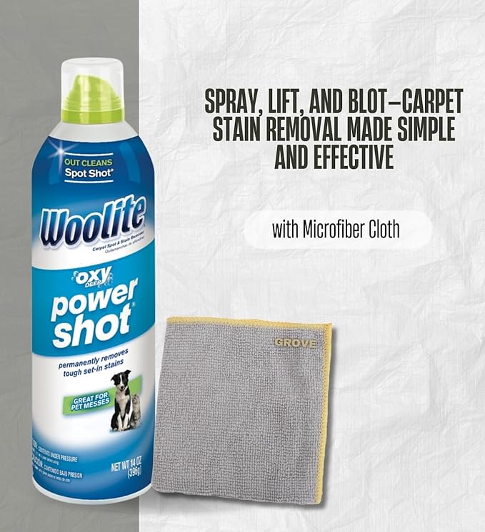 Power Shot Fresh Scent Cleaner 14 oz Liquid Bundle with Microfiber Cloth – Removes Tough Stains and Freshens Carpets and Rugs – Gift Set (4 Items)