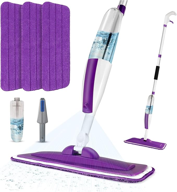 Spray Mops for Floor Cleaning Floor Mop with a Refillable Spray Bottle and 3 Washable Microfiber Pads Home or Commercial Use Dry Wet Flat Mop for Hardwood Laminate Wood (Pure Purple)